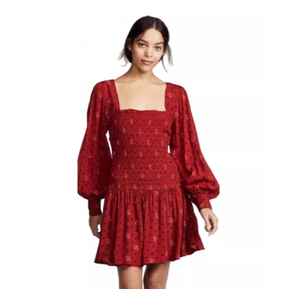 Free People Two Faces red floral smocked long sleeve mini dress